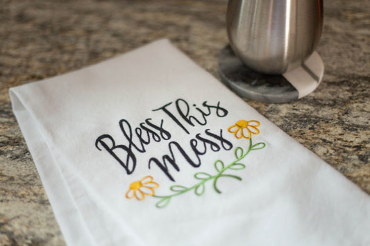 Bless This Mess Embroidered Tea Towel; Housewarming Gift; Mother's Day Gift