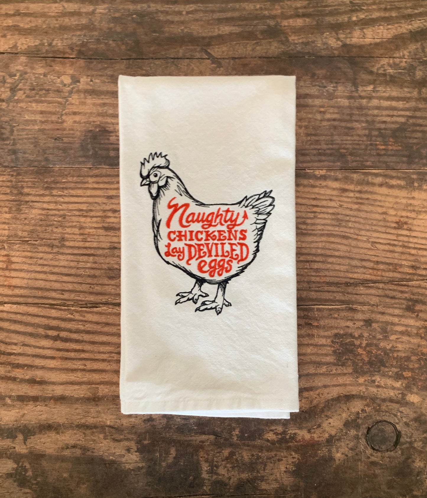 Naughty Chickens Embroidered Tea Towel