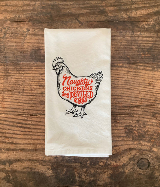 Naughty Chickens Embroidered Tea Towel